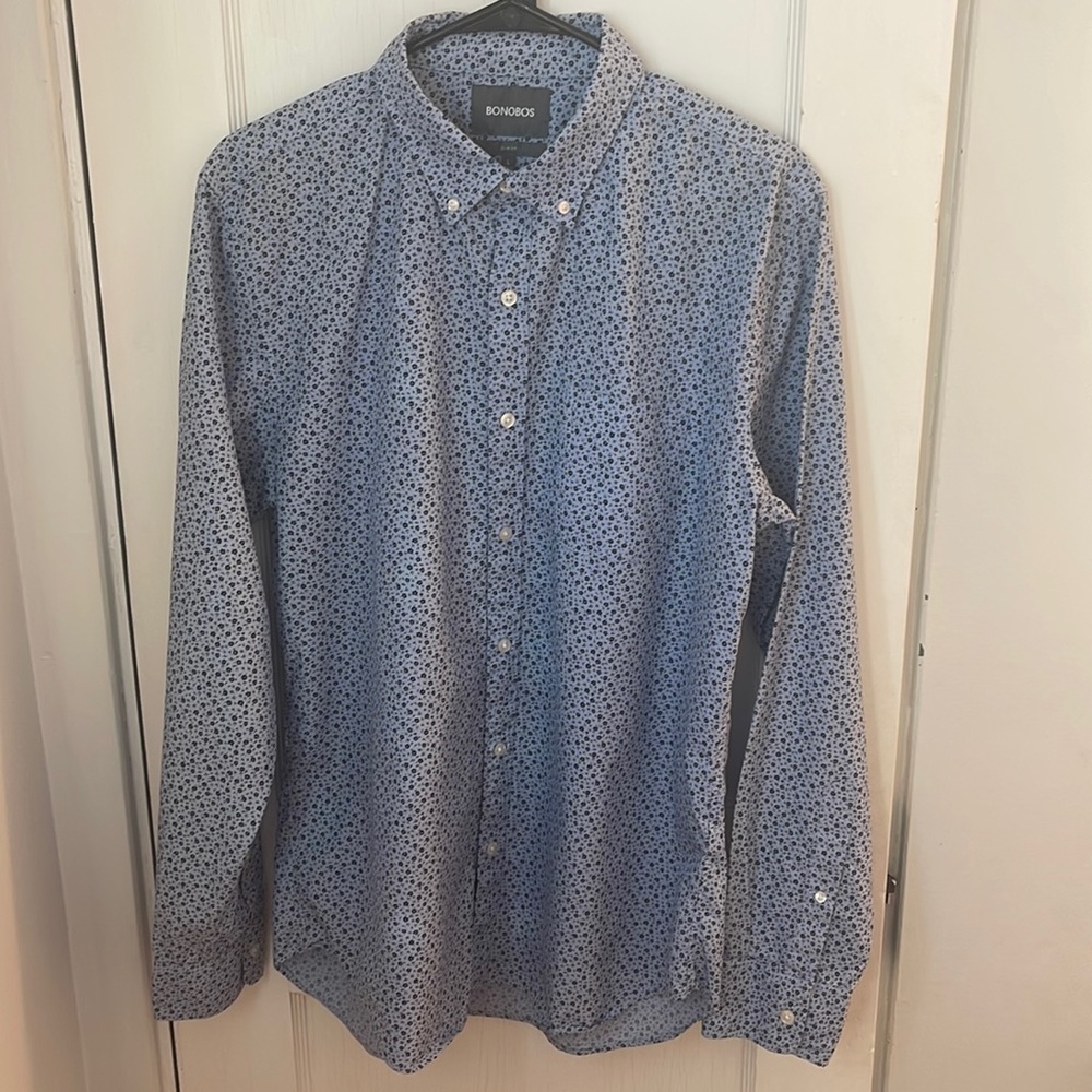 Bonobos Button Up Dress Shirt Floral Print Slim Fit Blue L